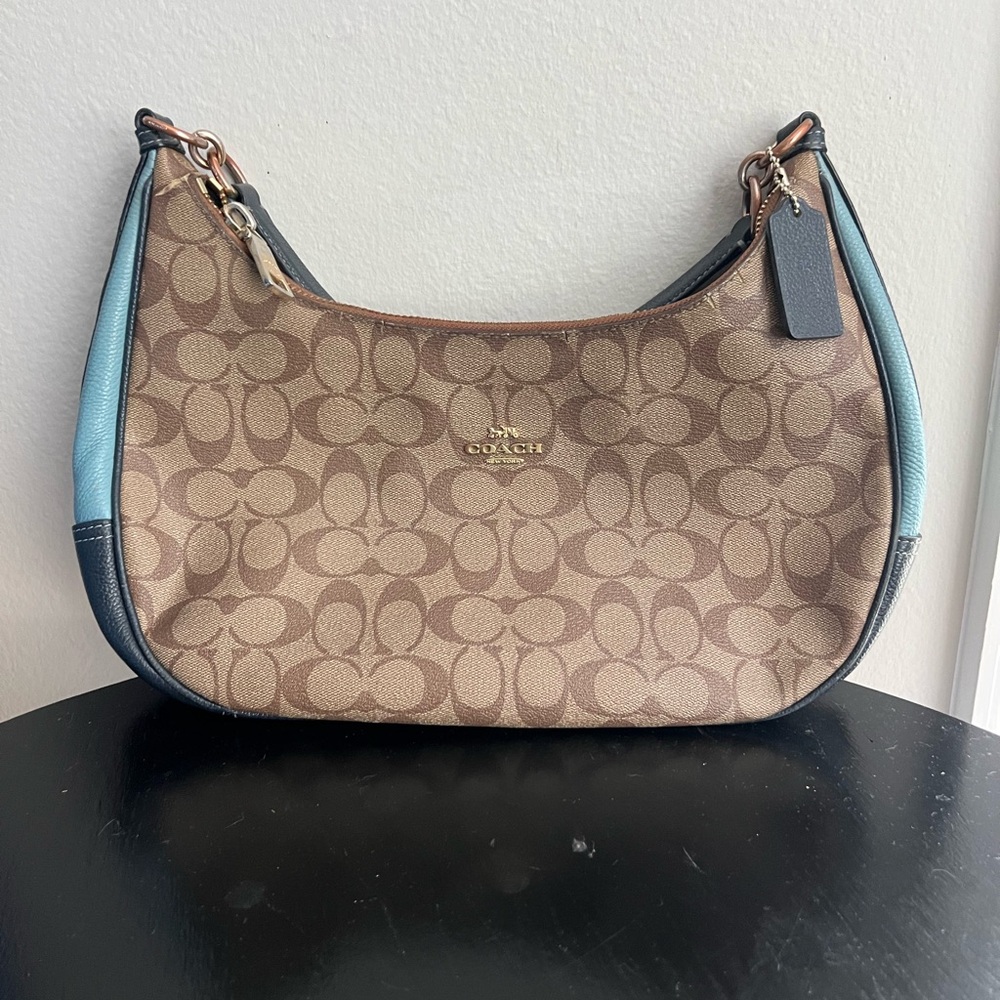 Coach East/West Harley Hobo Purse in Coated Canvas & Blue Colorblock Leather